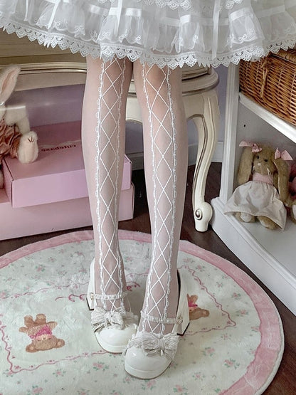 White Crisscorss Banded Print Sweet Lolita Tights