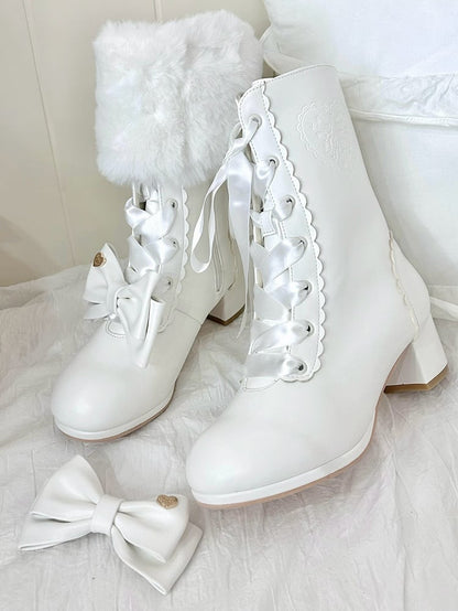 White Sweet Lolita Mid-Calf Boots - Detachable Bow Accents & Lace Fastening
