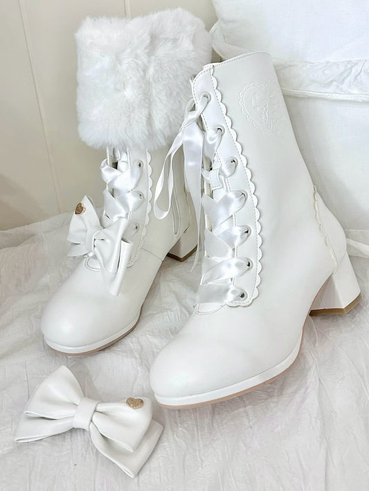 White Sweet Lolita Mid-Calf Boots - Detachable Bow Accents & Lace Fastening