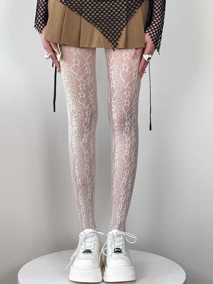 Black/White/Gray/Brown/Blue Hollow-out Design Floral Pattern Tights