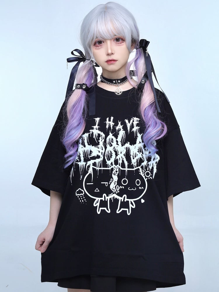 Black Jirai Kei Cat And Letter Print T-shirt