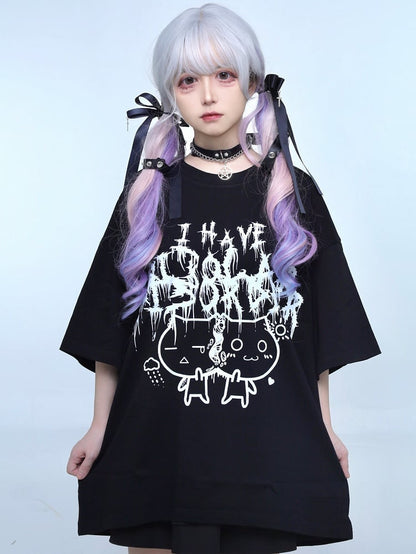 Black Jirai Kei Cat And Letter Print T-shirt