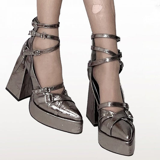 Crisscross Ankle Straps Metallic Color Pointed Toe Gothic High Heels
