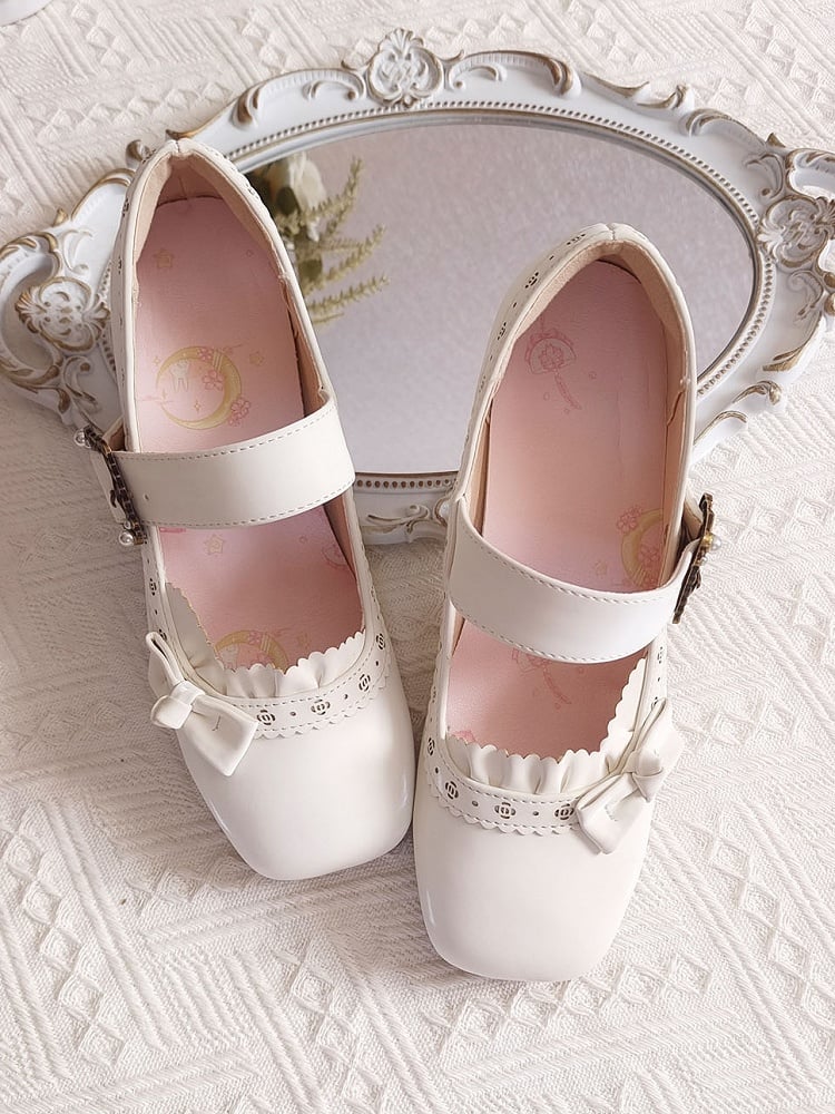 White Sophisticated Lolita Mary Janes - Low-heel/Mid-heel Design with Floral Openwork & Snap Design