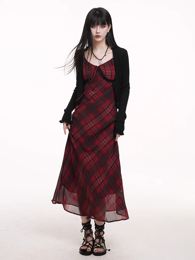 Red & Black Plaid V-neck Self-tie Strap Neckline Cami Dress