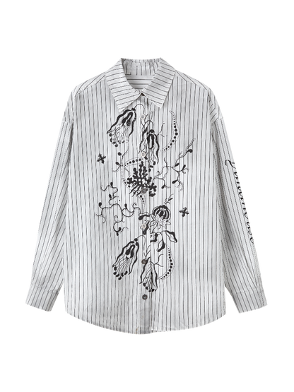 Oversized Silhouette Black & White Stripes Distressed Graffiti Shirt