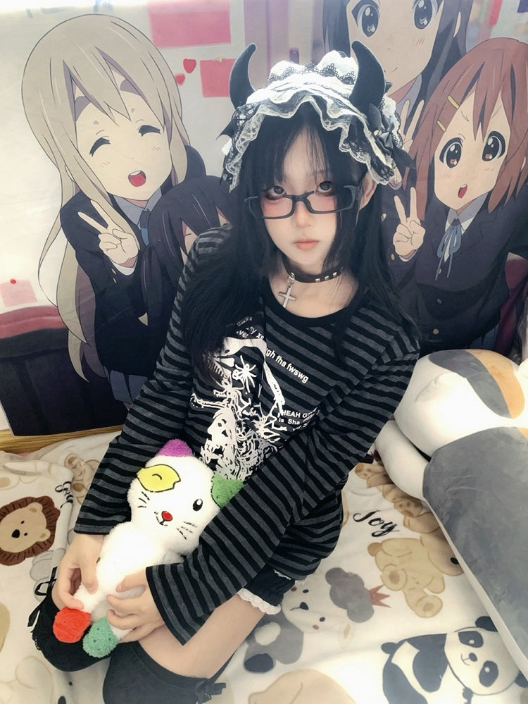 Black & Gray Stripe Pattern Skeleton Print Long Sleeves Punk T-shirt