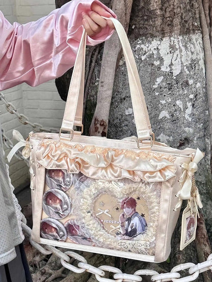 Yellow Satin Ruffle Trims Self-tie Straps Ita Bag With Bow Card Holder