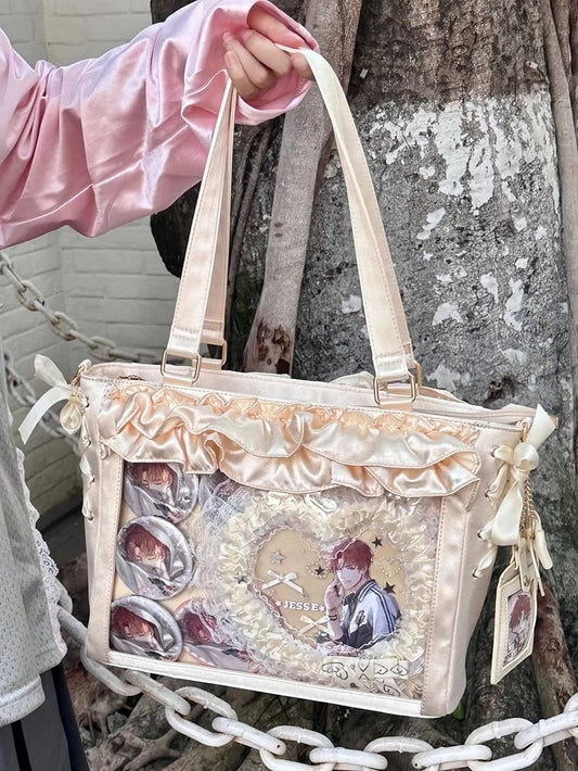 Yellow Satin Ruffle Trims Self-tie Straps Ita Bag With Bow Card Holder