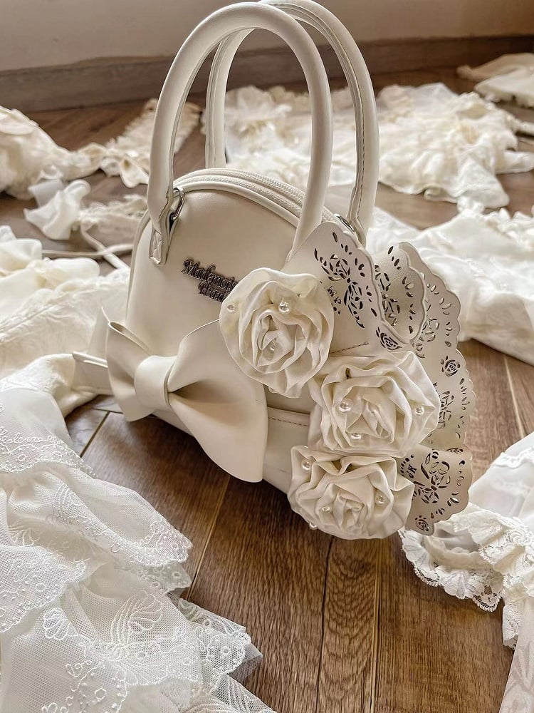 Creamy White Roses Big Bowknot Shell Bag