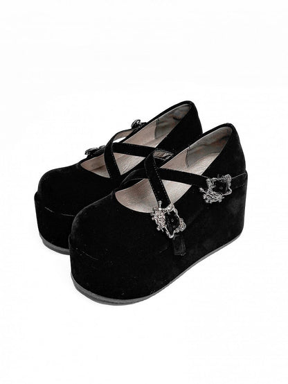 Velvet Black Gothic Crosscriss Design Platform Mary Janes With Detachable Buckles