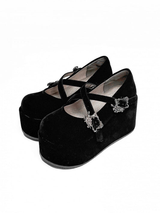 Velvet Black Gothic Crosscriss Design Platform Mary Janes With Detachable Buckles