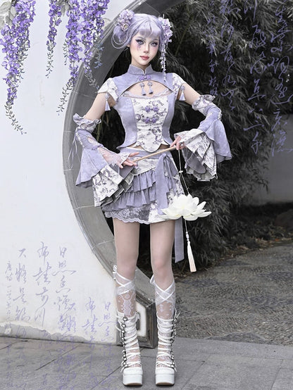 Purple Chinoiserie Dragon Print Fabric Skirt with Shorts Lining