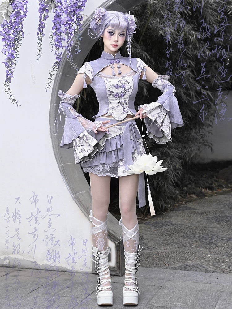 Clearance-Size S for Waist 65-69CM Purple Chinoiserie Dragon Print Fabric Skirt with Shorts Lining