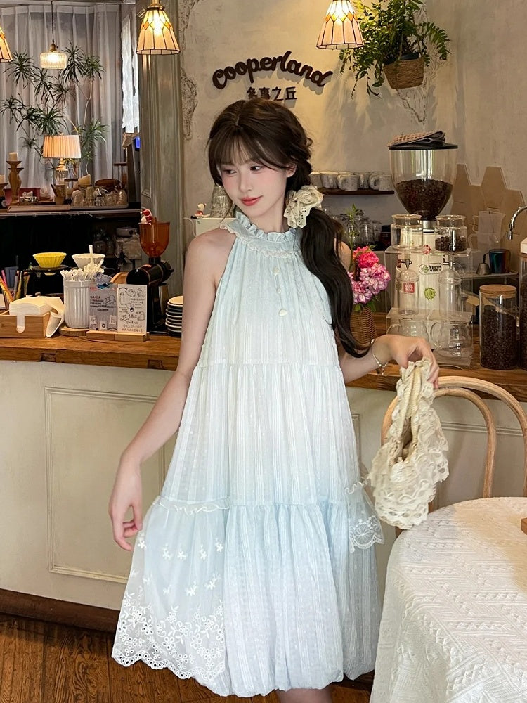 Light Blue Ruffled Halter Neck Bead Buttons Sleeveless Dress Bubble Skirt