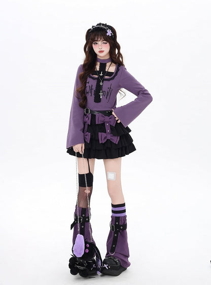Black/Purple Bell Sleeves Cross Design Gothic Top and Choker All-in-one