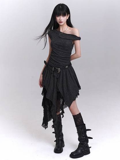Studded Asymmetrical Neckline Cascading Ruffles Dress with Buckle Belt