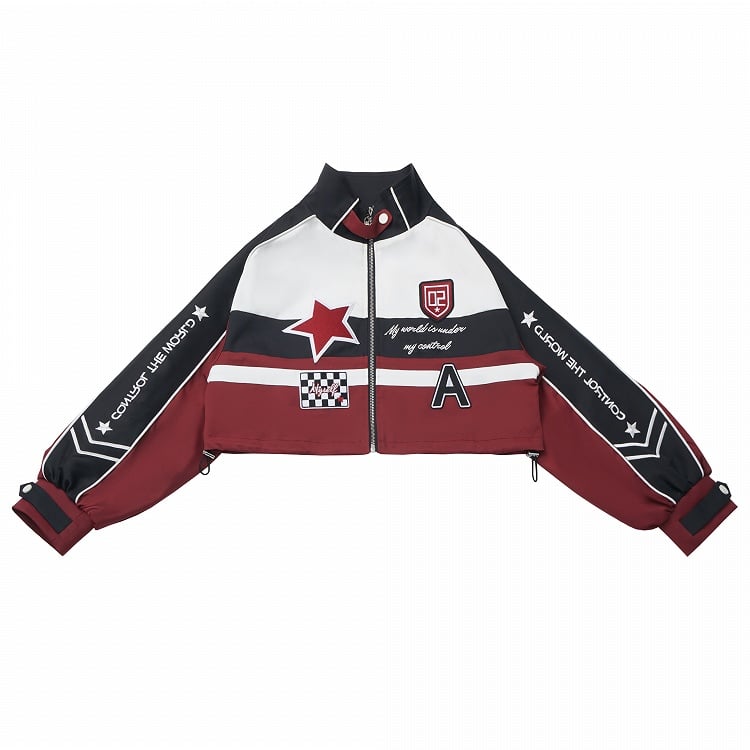 White & Red Moto-Inspired Cropped Zipper Jacket with Embroidered Applique Accents