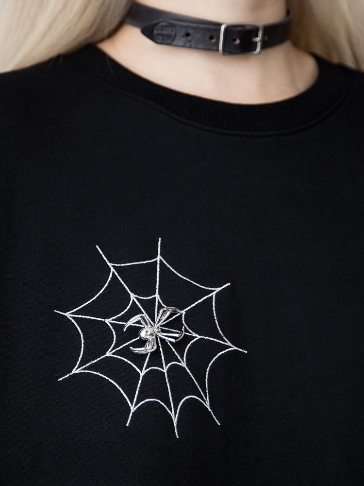 Spiderweb Embroidered Black Sweatshirt with Detachable Metal Spider