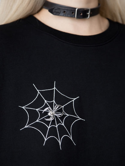 Spiderweb Embroidered Black Sweatshirt with Detachable Metal Spider