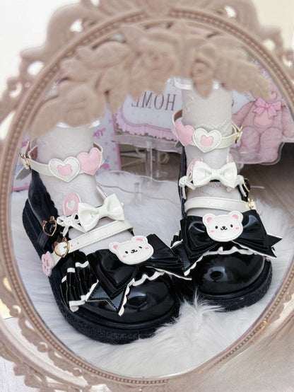 Cute Bear Black Flats in PU - 3cm Flat Heel with Bow Details & Romantic Hearts