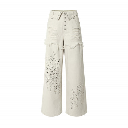 Apricot Wide-Leg Distressed Jeans with Rhinestone Details