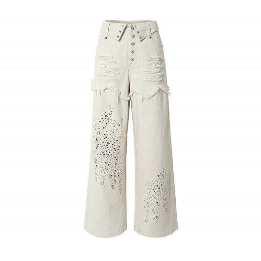 Apricot Wide-Leg Distressed Jeans with Rhinestone Details