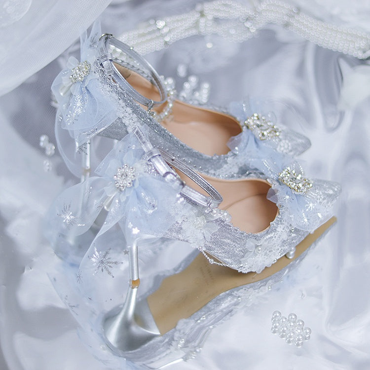 Silver Rhinestone Bowknot Detachable Beaded Chain Glittering 6CM/8CM Hime Lolita Heels