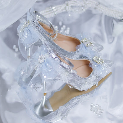 Silver Rhinestone Bowknot Detachable Beaded Chain Glittering 6CM/8CM Hime Lolita Heels