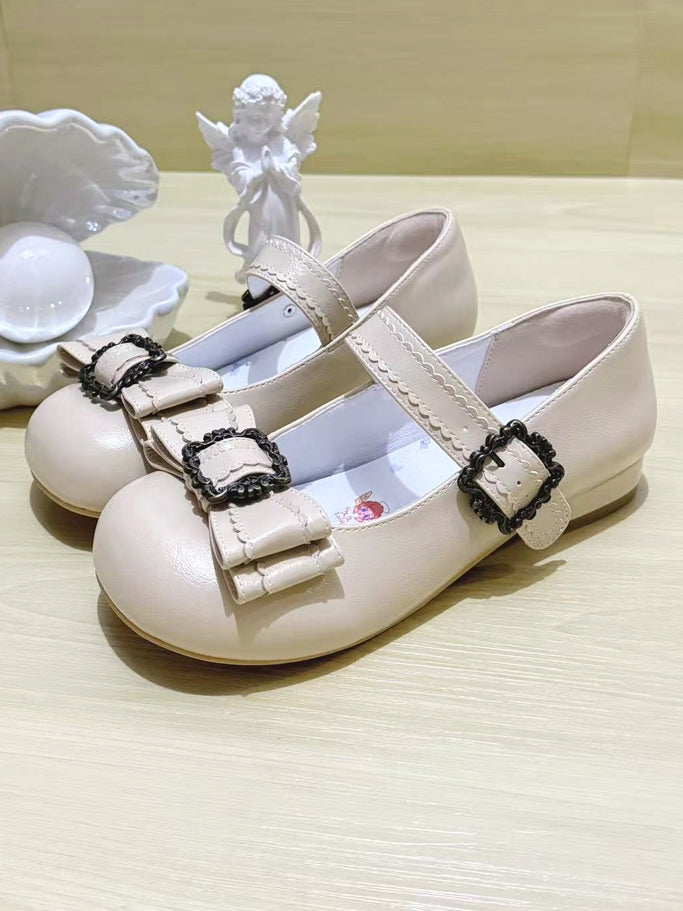 Sophisticated Beige Low Heels - PU Leather with Round Toe, Delicate Bow & Frame Embellishments