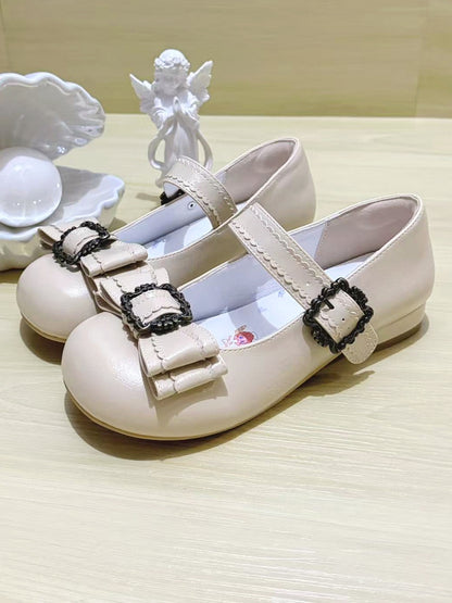Sophisticated Beige Low Heels - PU Leather with Round Toe, Delicate Bow & Frame Embellishments