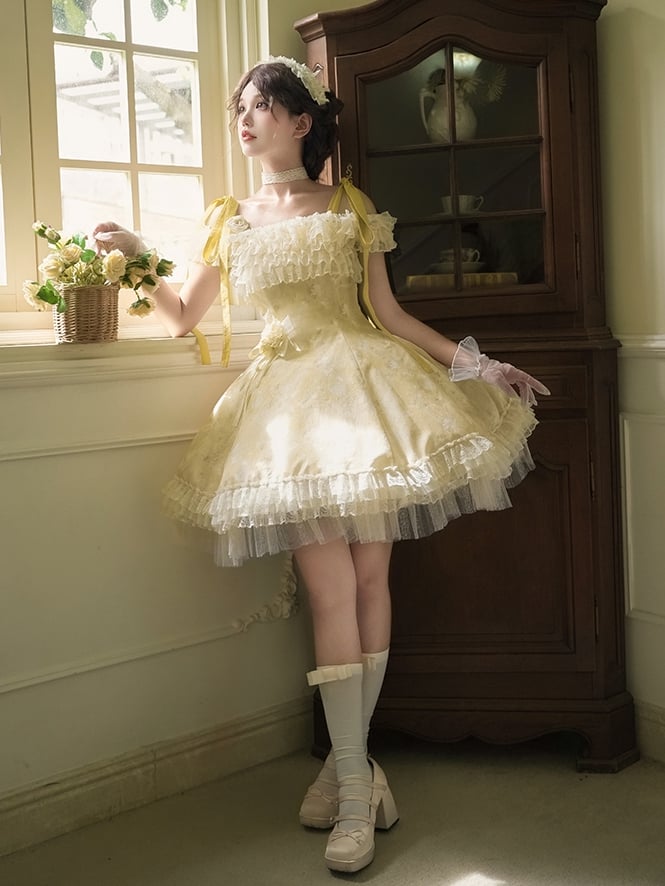 Butterfly and Floral Print Light Yellow Versatile Neckline Lolita Dress