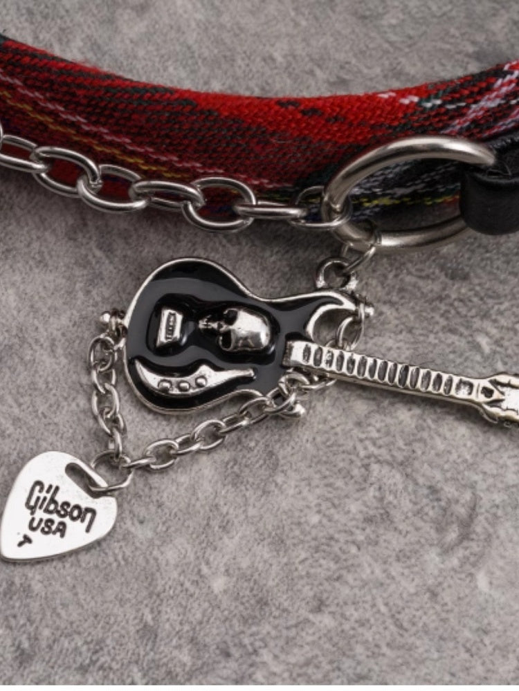Red And Black Plaid Pattern With Chain And Guitar Charm Design KC