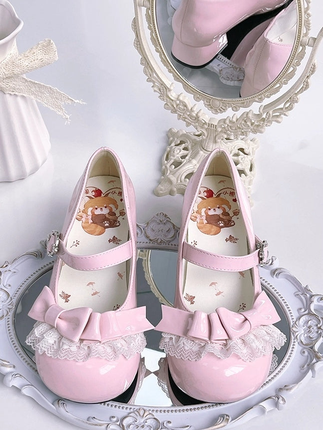 Light Pink Sweet Lolita Low-heel Mary Janes - Round Toe Design with Lace Trim & Bow Embellishments