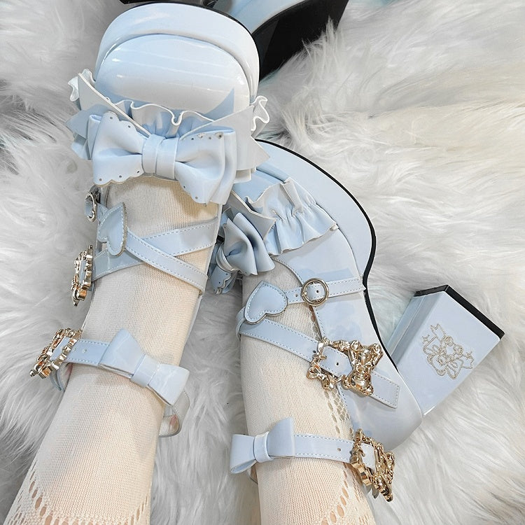 Blue Bear Buckle Straps Bowknot High Block Heels with Bear Embroidery