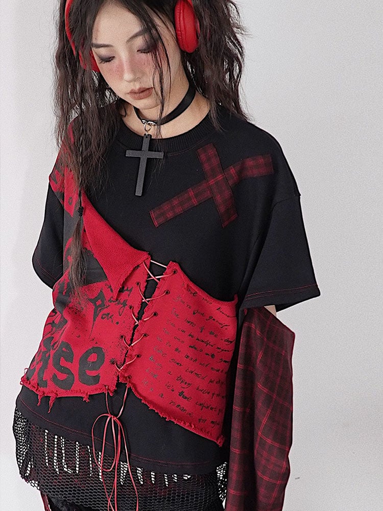 Letters Print Red and Black Punk Sweat Shirt Lace-up Detail