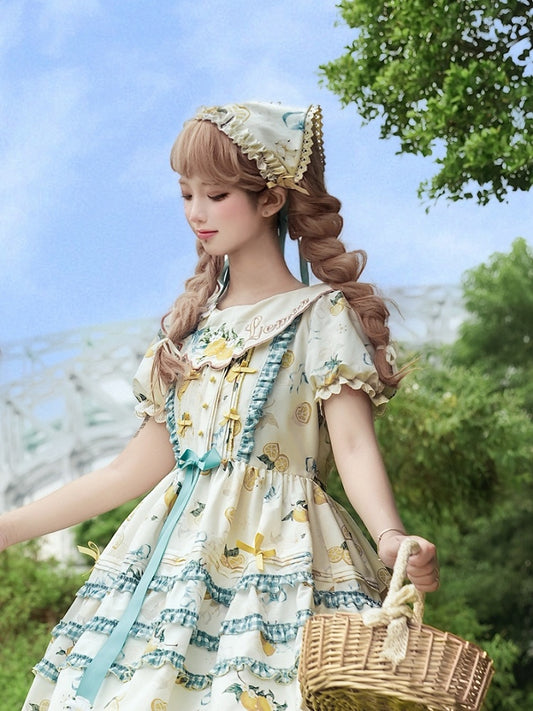 White & Yellow Floral and Lemon Print Lolita Triangular Headscarf with Lace Edging and Bow Accents