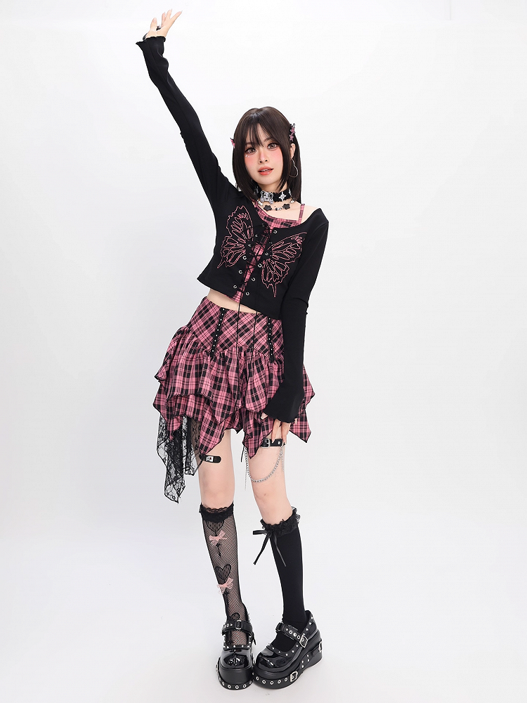 Pink and Black Plaid High Waist Handkerchief Hem Tiered Skirt