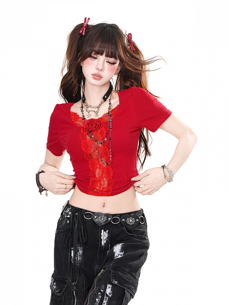 Black/Red Rosette Lace Trim Butterfly Cutout Detail Back Glamorous Cropped Top