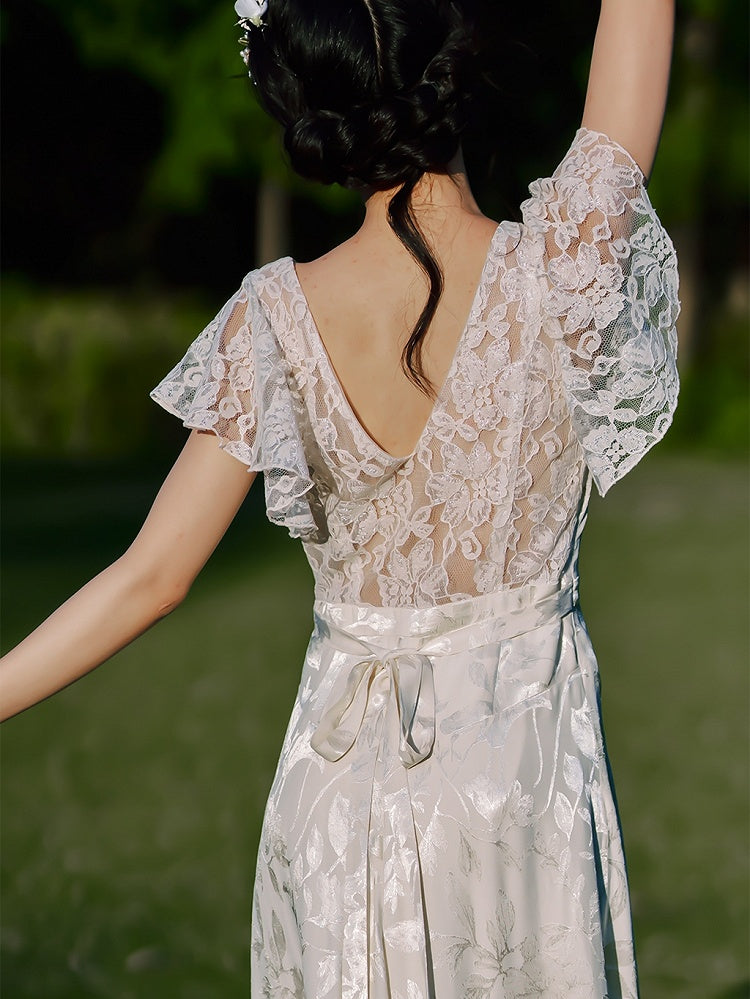 Vintage White Jacquard Lace Sleeves Summer Dress