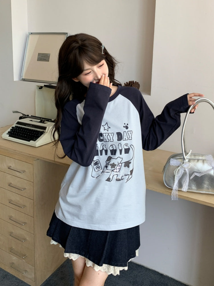 White/Blue Colorblock Design Adorable Puppy Print Loose Top