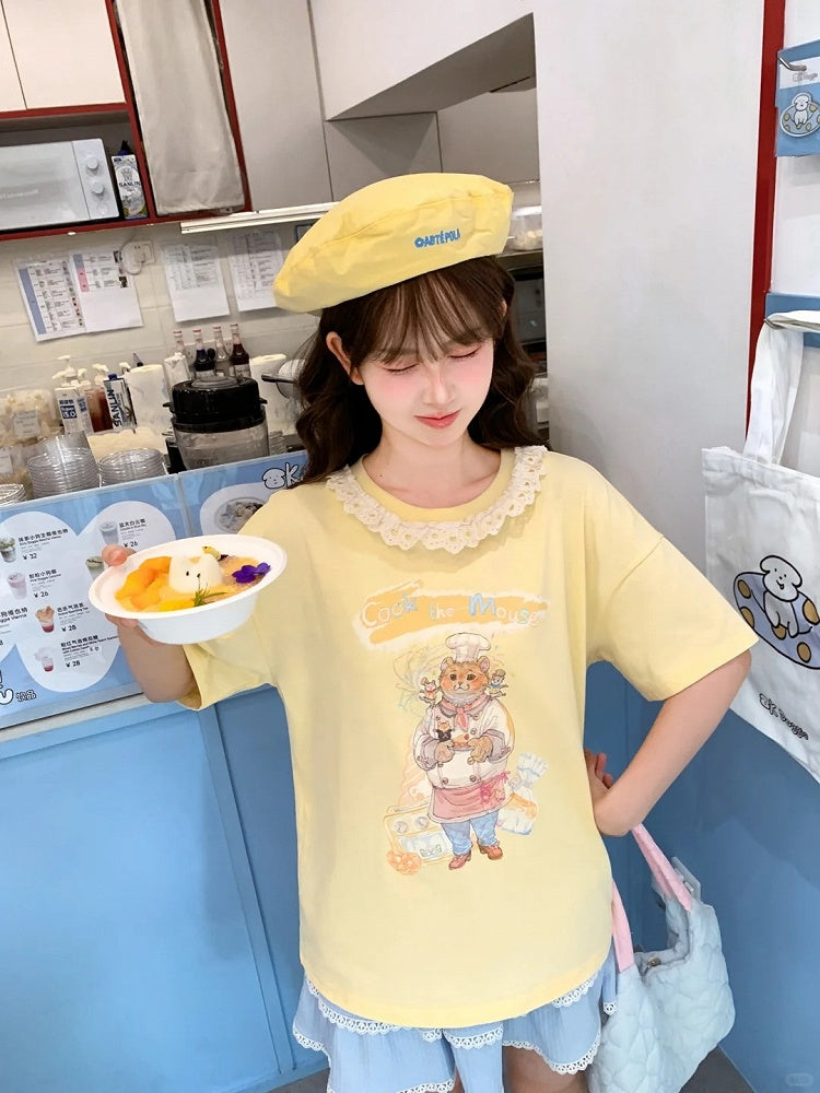 Chef Mouse Print Lace Trim Neckline Yellow Round Neck Loose Cotton T-shirt