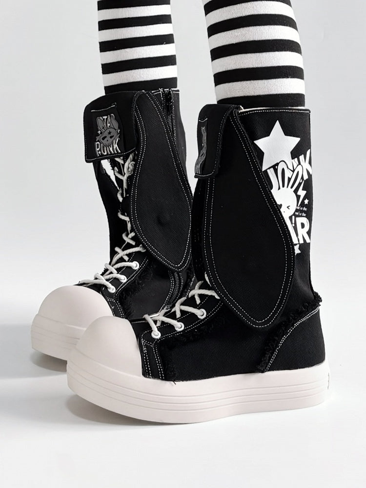 Punk Black Mid-Calf Boots - Bunny Ear Accents with Letter And Rabbit Print, Lace-Up & Inner Zip