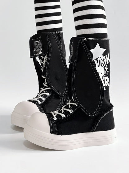 Punk Black Mid-Calf Boots - Bunny Ear Accents with Letter And Rabbit Print, Lace-Up & Inner Zip