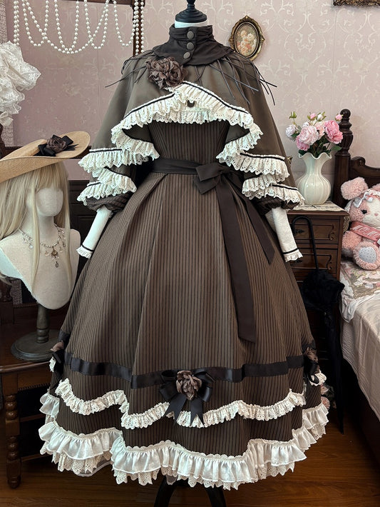 Brown High-low Hem Cape with Beige Scalloped Eyelet Trimming