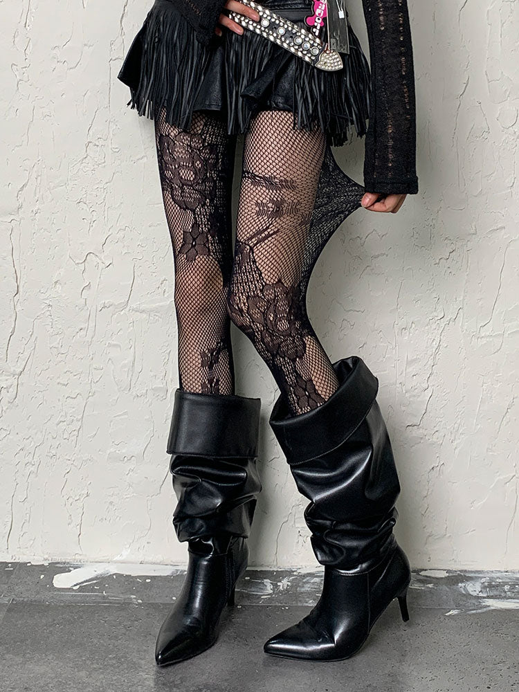Black Y2K Floral Pattern Hollow-out Tights