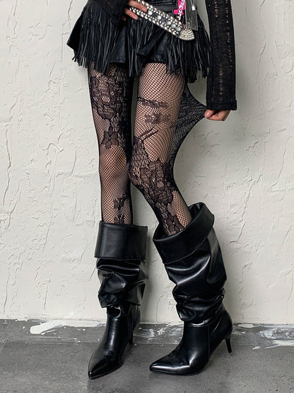Black Y2K Floral Pattern Hollow-out Tights