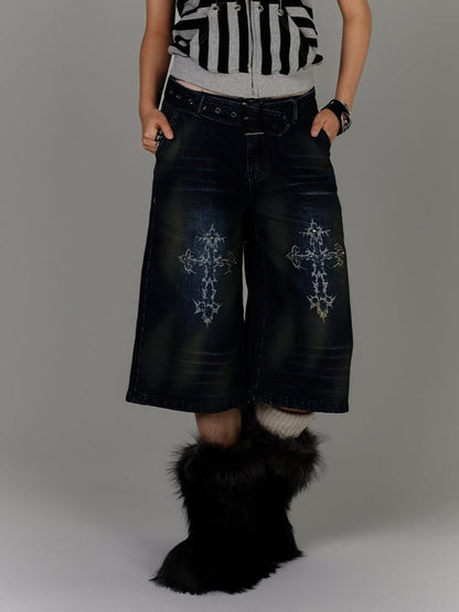 Blue Cross Print Faded Wash Glamorous Distressed Jeans with Buckle Belt