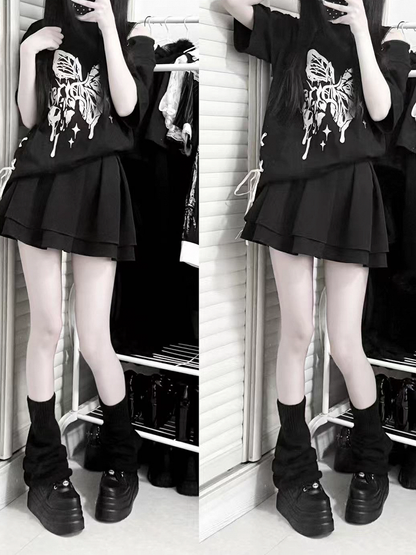 Broken Butterfly Print Lace-up Side Black/White Jirai Kei T-shirt