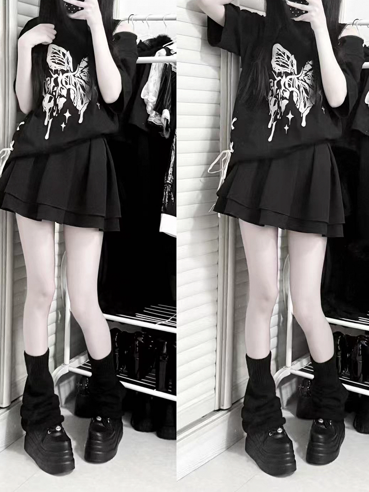 Broken Butterfly Print Lace-up Side Black/White Jirai Kei T-shirt